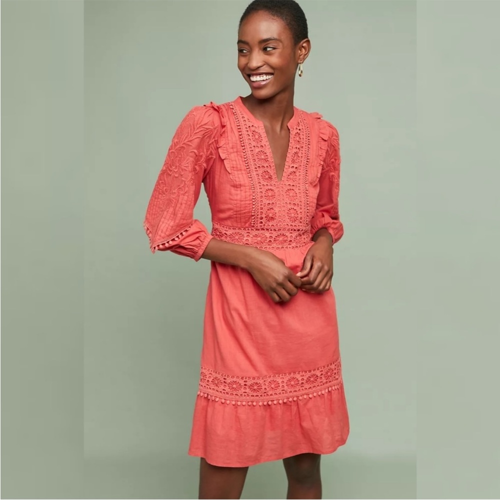 Anthropologie Coral Lace-Detail Cotton Dress